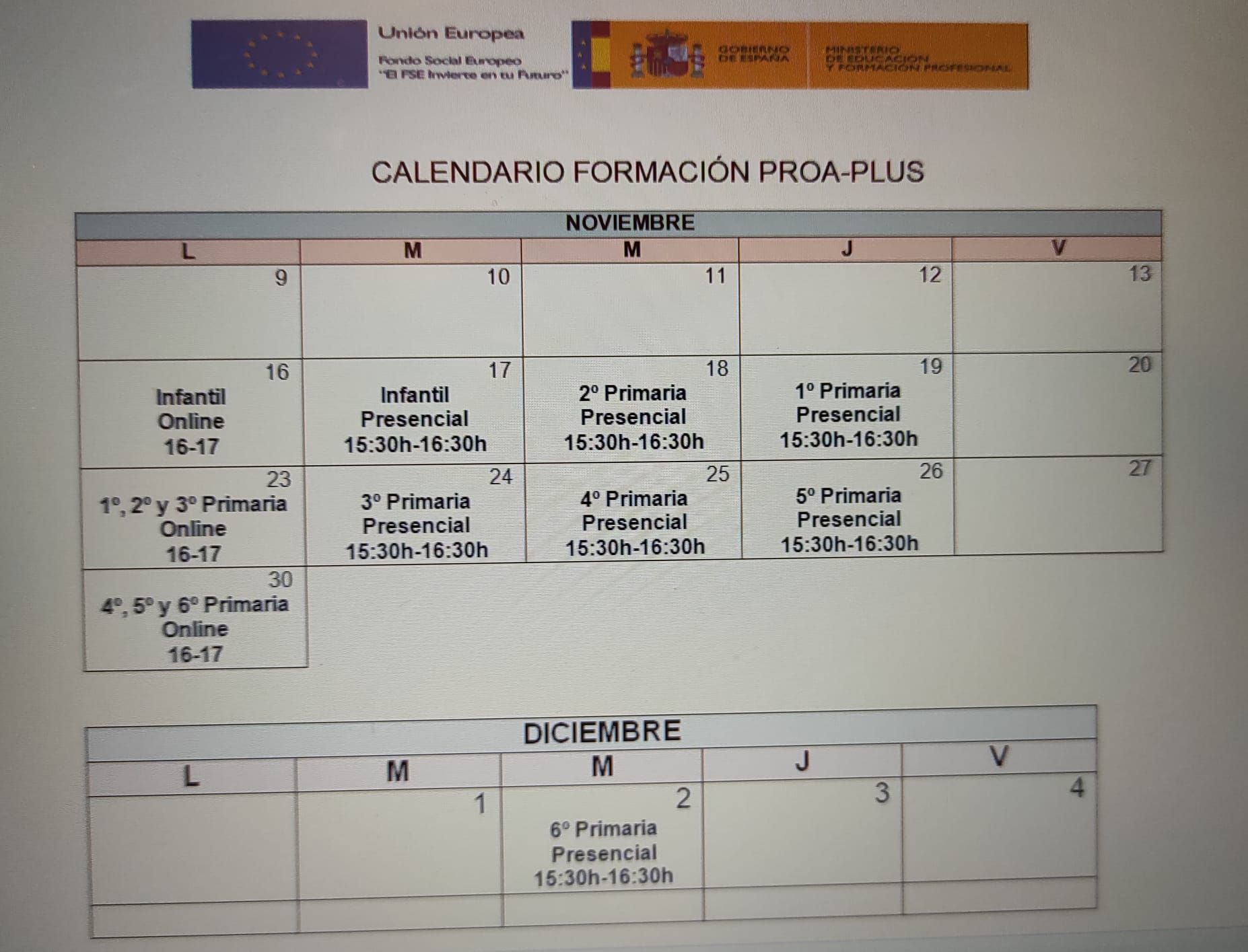 HORARIO FORMACIÓN INFORMACIÓN PROA PLUS TARDE